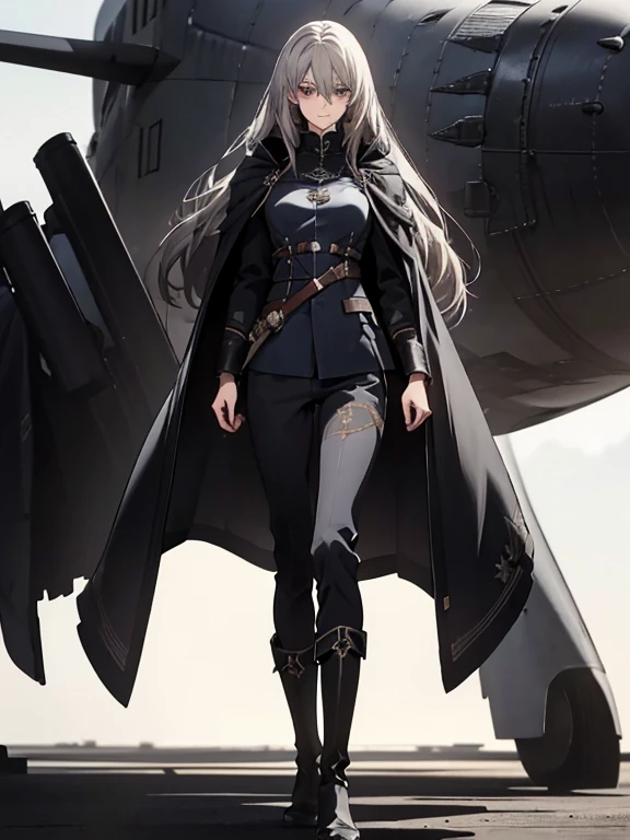 (Confused, High resolution, Very detailed), 1 female, Silver Hair,Long Hair,Reddish brown eyes,Blue and black military uniform,24th generation,beauty,mature,thin,quiet,calm,A small smile,Long Cape,Slender and thin,Knee-high boots,skinny pants,hangar,Small breasts,thin body,Are thin