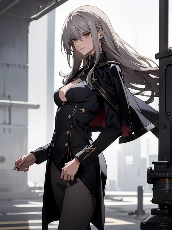 (Confused, High resolution, Very detailed), 1 female, Silver Hair,Long Hair,Reddish brown eyes,Blue and black military uniform,24th generation,beauty,mature,thin,quiet,calm,A small smile,Long Cape,Slender and thin,Knee-high boots,skinny pants,hangar,Small breasts,thin body,Are thin