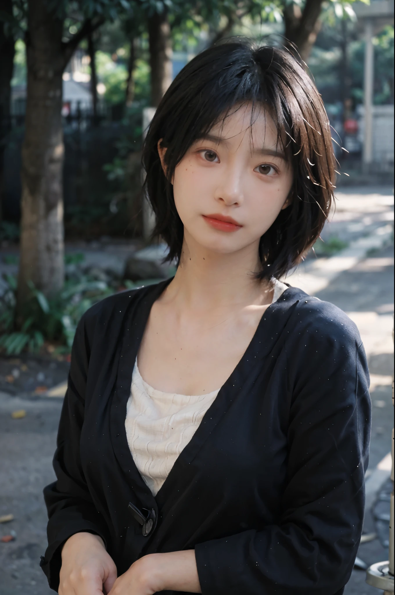 (Skin details:1.4), (smooth skin textures:1.3), Lipstick, background, earrings, Serene, calm, (Realistic and detailed eyes:1.2), (Large Breasts:1.3),Natural skin texture, Realistic facial details, Soft dramatic lighting, Vivid details, 35 mm film, outdoor, (Photo Practical:1.4), (hyper Practical:1.4), (Practical:1.3), (Smoother lighting:1.05), (Improve lighting quality:0.9), (Highest quality real skin textures:1.4), Exquisite eyes, Delicate face, Close-up of face, (Enhance the beauty of skin texture:1.1), Hair details, Model,normal body ratio, short hair, Moles under the eyes, Park background,Portrait Photography, Depth of Field, bokeh, Surrealism, Ray Tracing, (Portrait Photography:1.1), Surrealism, High Detail, clair obscur, Ray Tracing, reflected light, ultra HD, ultra HD, masterpiece, Textured Skin, Super Detail, High Detail, high quality, best quality