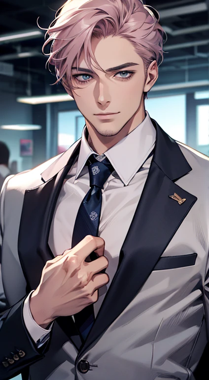 (best quality,4k,8k,highres,masterpiece:1.2),ultra-detailed,(realistic,photorealistic,photo-realistic:1.37),1 man,31 years old,mature man,very handsome,without expression,smile,short grey pink hair,blue eyes,penetrating gaze,perfect face without errors,imposing posture,businessman,office background,cinematic lighting,hdr image
