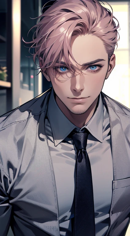 (best quality,4k,8k,highres,masterpiece:1.2),ultra-detailed,(realistic,photorealistic,photo-realistic:1.37),1 man,31 years old,mature man,very handsome,without expression,smile,short grey pink hair,blue eyes,penetrating gaze,perfect face without errors,imposing posture,businessman,office background,cinematic lighting,hdr image