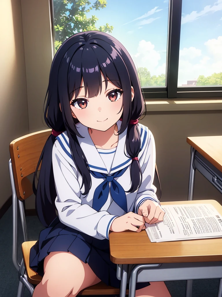 1girl, sitting on chair, gentle smile, 15yo,
classroom, indoors, school chair, school desk,
(low twintails girl), low pigtails, black hair, very long hair,
serafuku with blue ribbon, navy-blue collar,
(brown eye), 1 student bag on right shoulder,
afternoon, summer,
from front,
school,
anime, high brightness, detailed face, detailed eyes,
high quality, ultra detailed, masterpiece, FHD