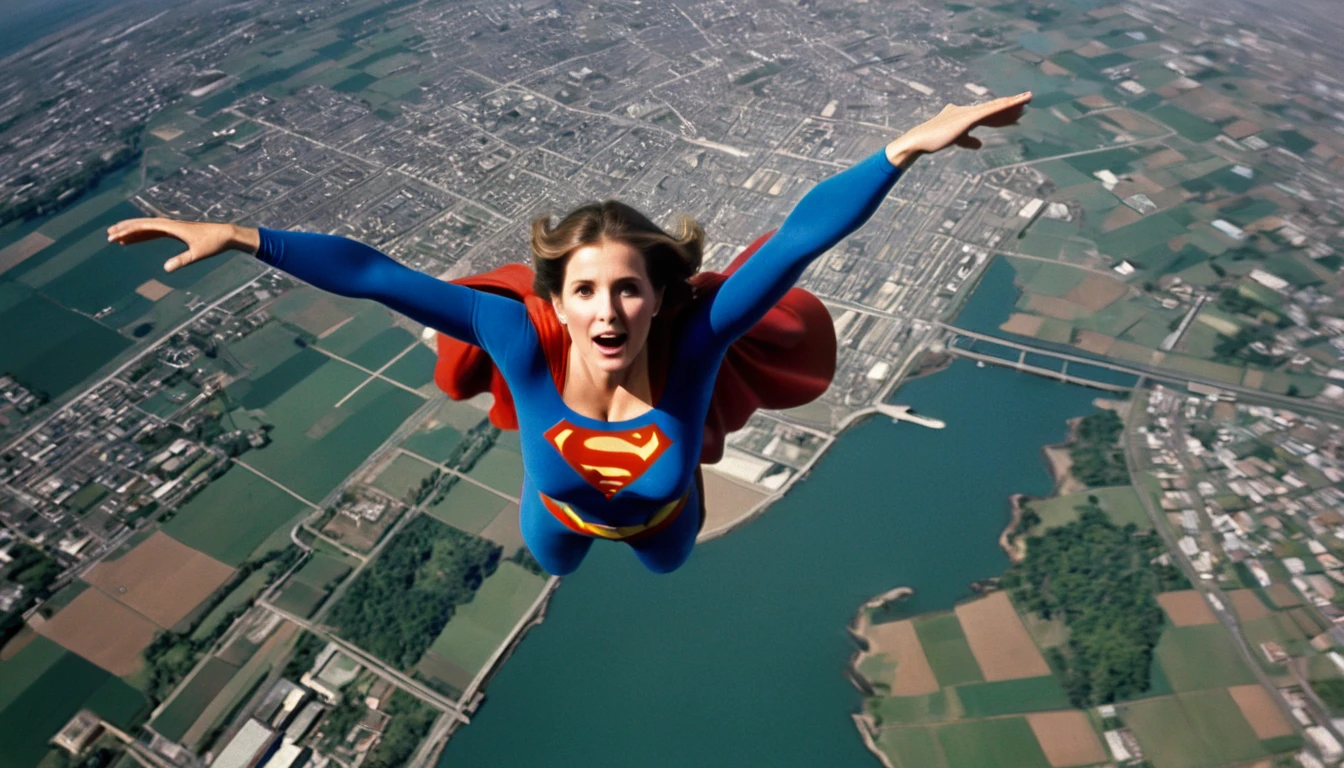 A great abyss; satellite view; determined Julie Hagerty 1980 Superman movie; impulse to jump take-off position; impulse to jump; arms stretched upwards; "For the up and away".