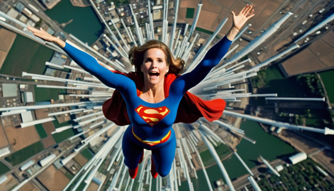 A great abyss; satellite view; determined Julie Hagerty 1980 Superman movie; impulse to jump take-off position; impulse to jump; arms stretched upwards; "For the up and away".