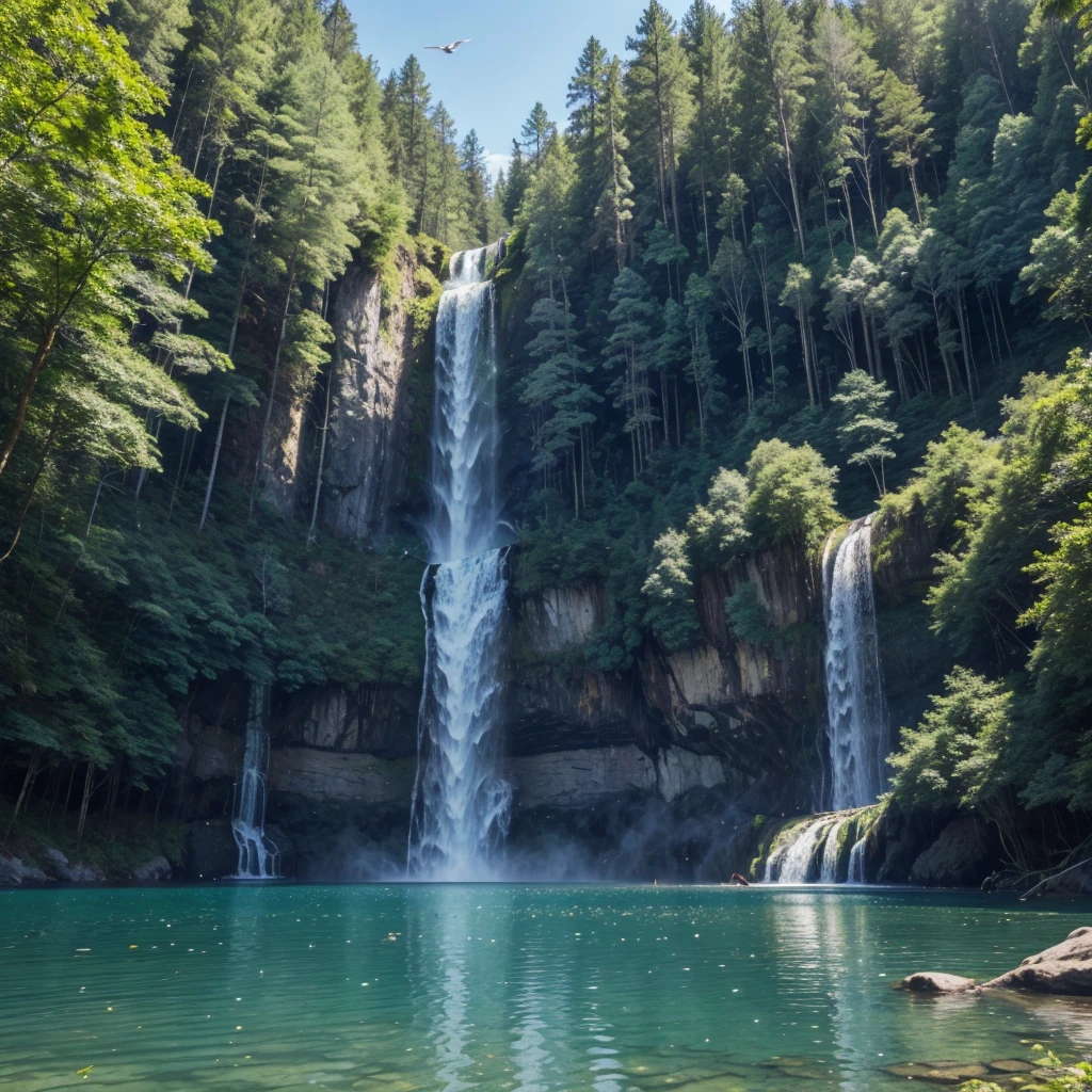 A lush forest with tall, dense trees, a majestic waterfall falling into a crystal clear lake, and colorful birds flying gracefully across the blue sky.