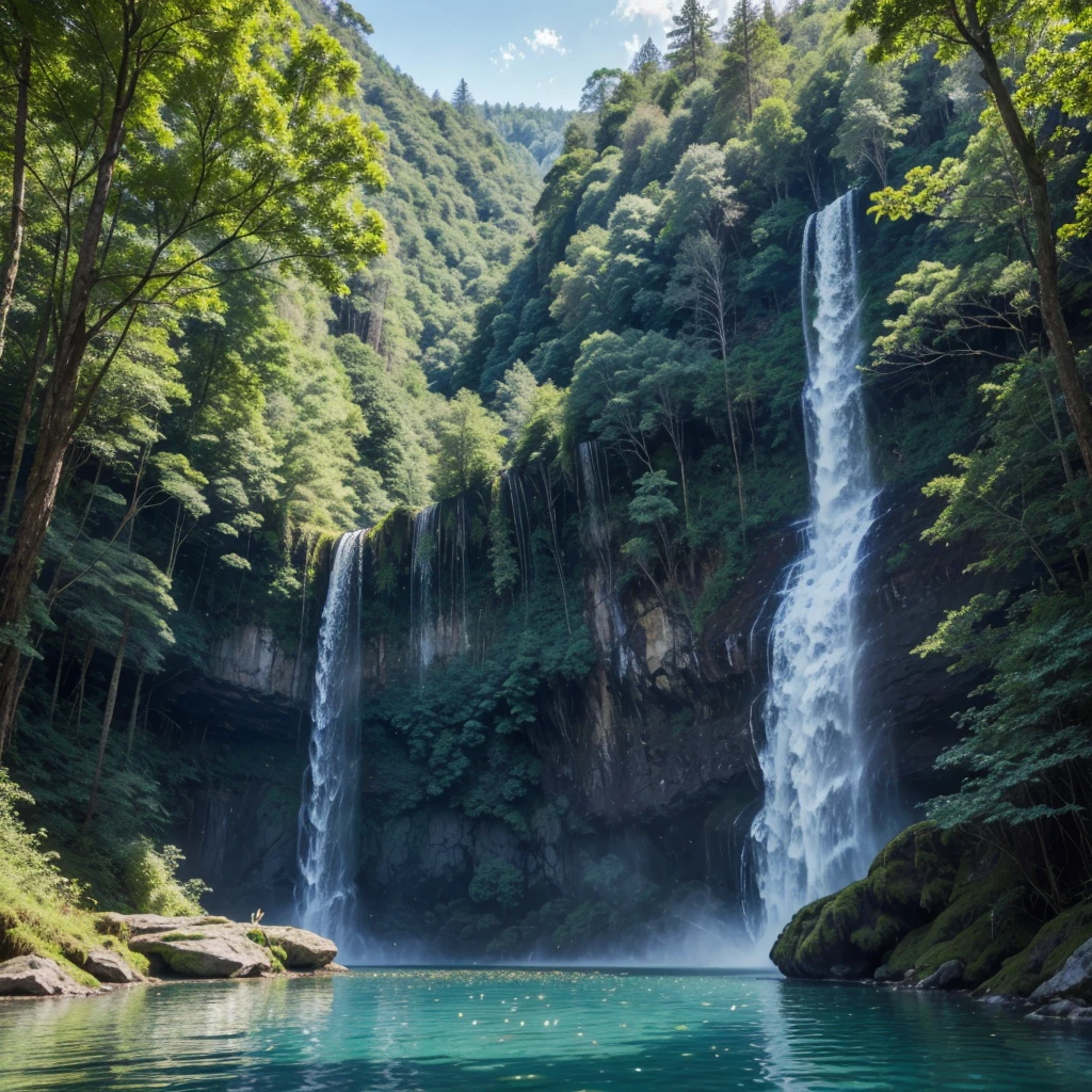 A lush forest with tall, dense trees, a majestic waterfall falling into a crystal clear lake, and colorful birds flying gracefully across the blue sky.