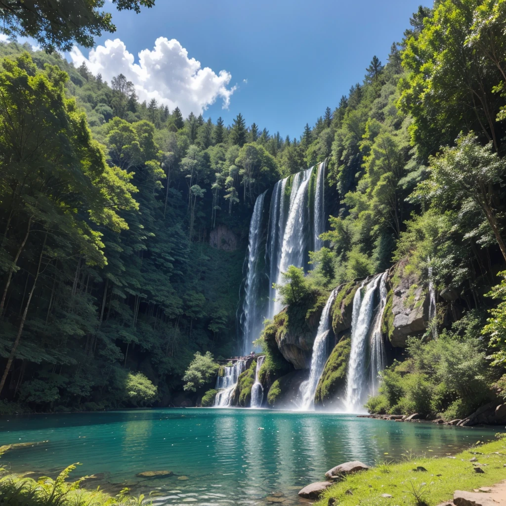 A lush forest with tall, dense trees, a majestic waterfall falling into a crystal clear lake, and colorful birds flying gracefully across the blue sky.