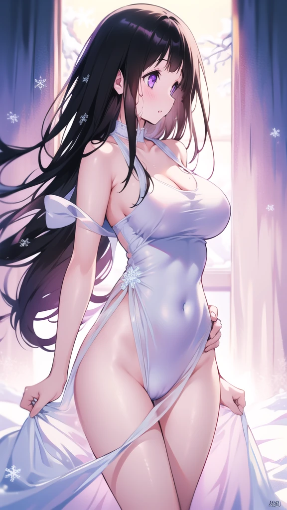 Chitanda,只有一个beautiful girl,Purple Eyes, Black Hair, Natural straight hair, Straight bangs,Extremely refined,open your lips,Face is so red,Very white skin,Skin as delicate as porcelain,Glowing skin,big eyes,Flowing long hair,beautiful girl, Like a dream,Slim,Slim waist,Soft, (Sensual), (Kawaii), Dream quality,Sweaty and sweaty,Wet skin,Side breasts,snowflake,Playing in the snow on the snow mountain,White transparent dress,Profile,(Completely naked),Gluteal groove,The outline of the breasts is visible through clothing,Completely naked的背部,nacked hip,very close,Deep V neckline,Loose neckline,Beautiful big breasts,No pants,nopan,no pants,Bare shoulders,There are no shoulder straps,Exposed collarbone,Delicate clavicle,Delicate hands and feet,Bare neck,There are no clothes around the neck,Bare thighs,Exposed groin,Camel toe,extremely shy,Ultra-high resolution, (masterpiece:1.2, best quality), (Delicate and beautiful eyes: 1.2), (Beautiful and delicate face)