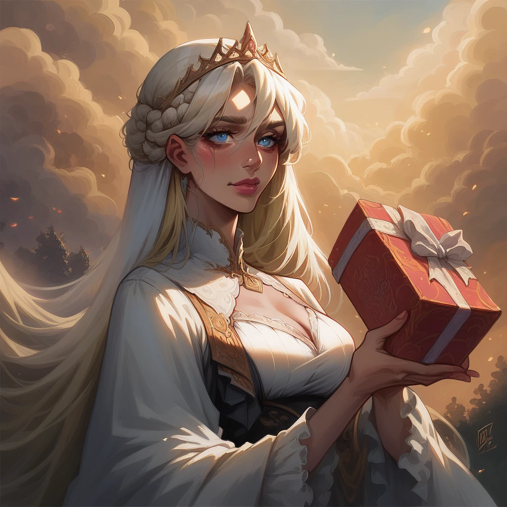 there is a woman in a white dress holding a Music Box, artwork in the style of guweiz, guweiz on pixiv artstation, guweiz on artstation pixiv, guweiz, fantasy art style, guweiz masterpiece, beautiful and elegant queen, beautiful character painting, detailed digital anime art, blonde - haired princess, White hair, sky blue eyes, pink lips