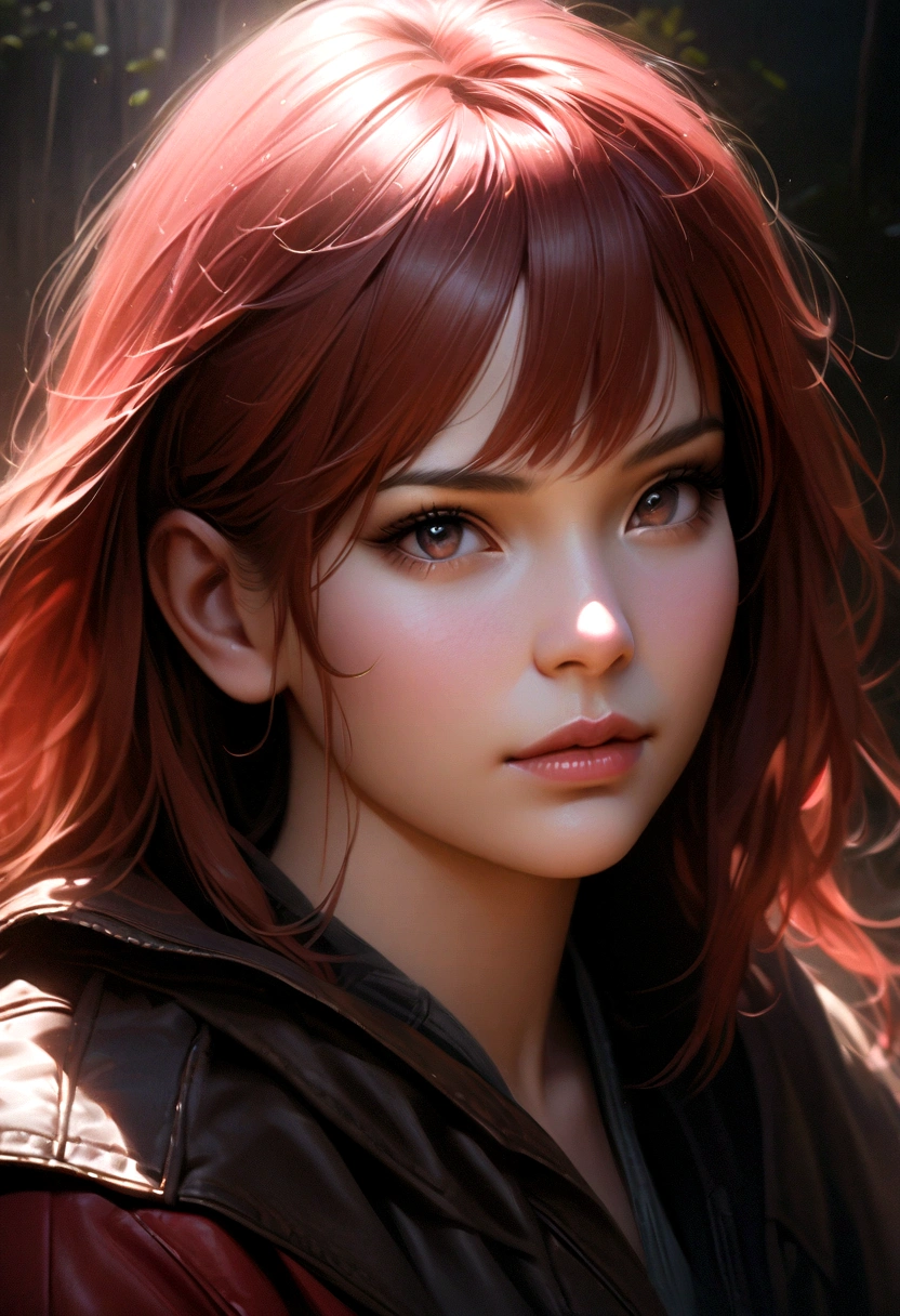 a detailed portrait of a girl with fair skin, long black and red hair, black eyes, 1girl, black background, (best quality, 4k, 8k, high resolution, masterpiece: 1.2), ultra-detailed, (realistic, photorealistic, photo - realistic: 1.37), detailed face, beautiful detailed eyes, beautiful detailed lips, extremely detailed eyes and face, long eyelashes, dramatic lighting, cinematic, moody, dark and gloomy atmosphere, chiaroscuro, dramatic shadows, rich colors, deep blacks, vibrant reds