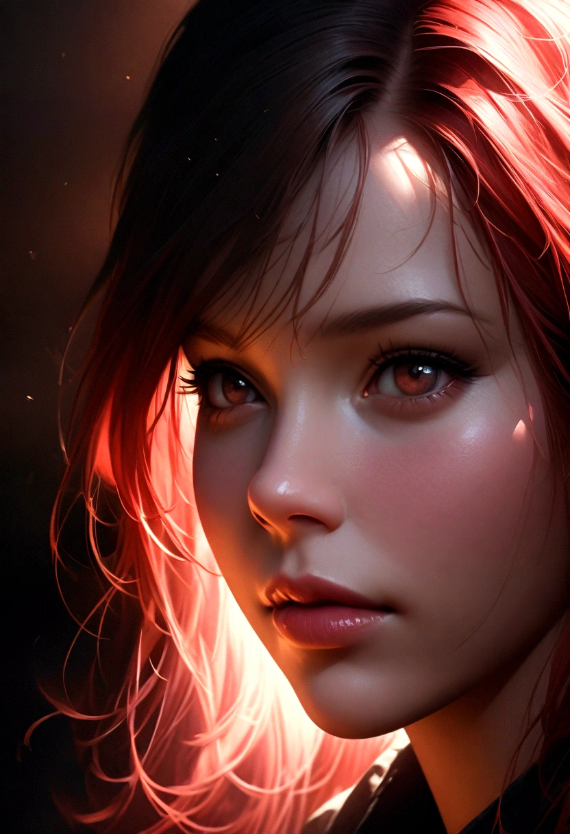 a detailed portrait of a girl with fair skin, long black and red hair, black eyes, 1girl, black background, (best quality, 4k, 8k, high resolution, masterpiece: 1.2), ultra-detailed, (realistic, photorealistic, photo - realistic: 1.37), detailed face, beautiful detailed eyes, beautiful detailed lips, extremely detailed eyes and face, long eyelashes, dramatic lighting, cinematic, moody, dark and gloomy atmosphere, chiaroscuro, dramatic shadows, rich colors, deep blacks, vibrant reds
