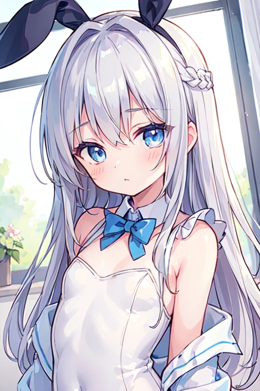 (best quality, masterpiece:1.2), ultra detailed, extremely detailed eyes and face, natural skin texture, detailed skin, natural lighting,
 chibi, 1 girl, **-*****-***, (cute),
 silver hair, middle hair, straight hair, shiny hair,
 blue eyes,
 flat chest,
 playboy bunny,
 upper body,