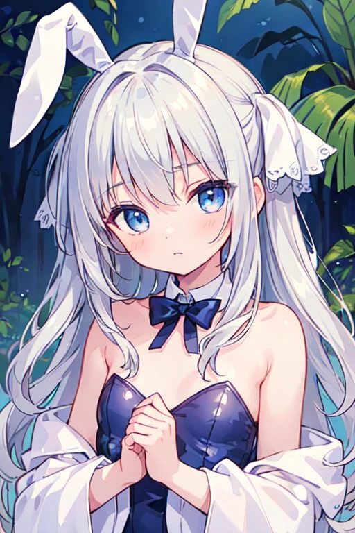 (best quality, masterpiece:1.2), ultra detailed, extremely detailed eyes and face, natural skin texture, detailed skin, natural lighting,
chibi, 1 girl, 12-years-old, (cute),
silver hair, middle hair, straight hair, shiny hair,
blue eyes,
flat chest,
playboy bunny,
upper body,