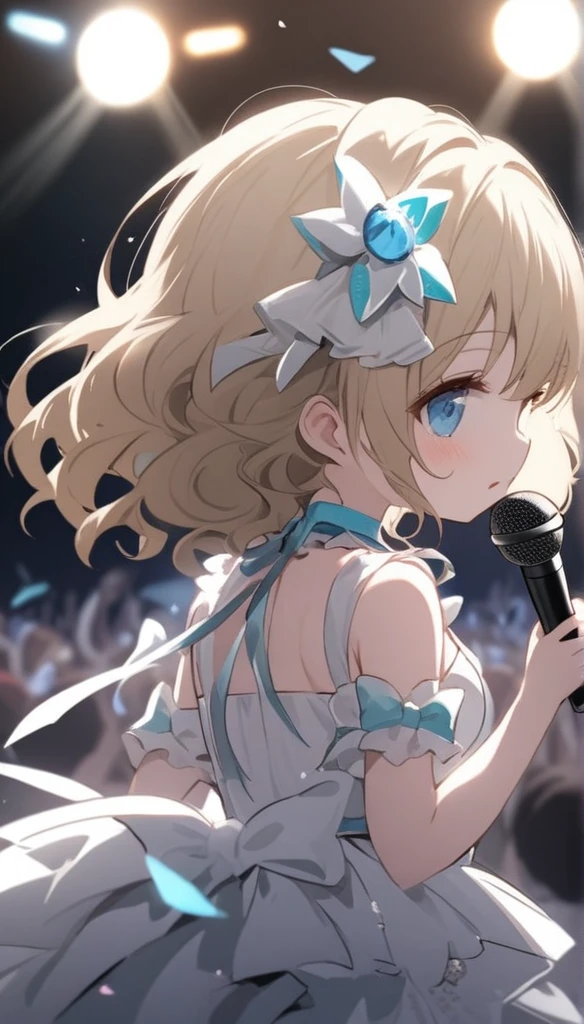 Chibi Character、、、bionde、Brat、Sing with a microphone、white idol costume,A back view of a singer singing to a large audience