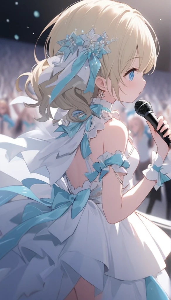 Chibi Character、、、bionde、Brat、Sing with a microphone、white idol costume,A back view of a singer singing to a large audience