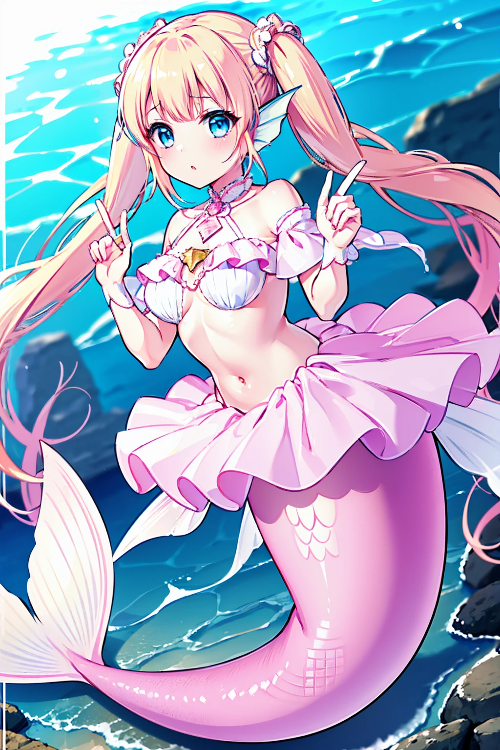 masterpiece, best quality,(perfect five fingers,The best ratio of four fingers and one thumb),A girl,blond,odango twintails,pink,Blue Eyes,(Exquisite eyes),Large Breasts,Hair accessories,Head fin,Mermaid,pink的Mermaid尾巴,Bangs,full-body shot,beach