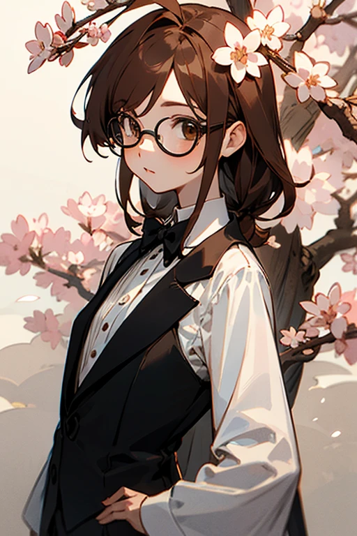 Girl with shoulder length brown hair, , light brown eyes, small cowlick, a fullblack tuxedo, round black glassses and a Sakura tree background.