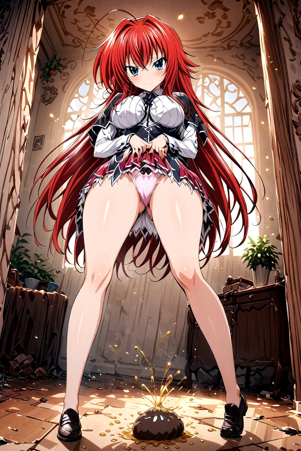 Antme. High School DxD. Rias Gremory. from the anime Hight School DxD. Diarrhea. She farts. Wants to poop. I need to poop. A very strong, desperate urge to poop. Poop comes out of her butt and stains her panties. She poops in her panties. She poops on herself. She poops standing up. She pooped while standing. She pooped in her panties. She pooped under herself. She shit herself. The poop lies on the floor of the room, covered in liquid feces. Embarrassment. Blush. Pee. Standing. Knees together and feet apart. Abdominal pain. Hands on stomach. The panties are stained with diarrhea. Nose flows down my thighs. Cry. Tears in my eyes. Lean forward. Sigh. The girl can't stand straight. 8k Ultra detail. Better quality. A high resolution. Scat. Full height. Full body.