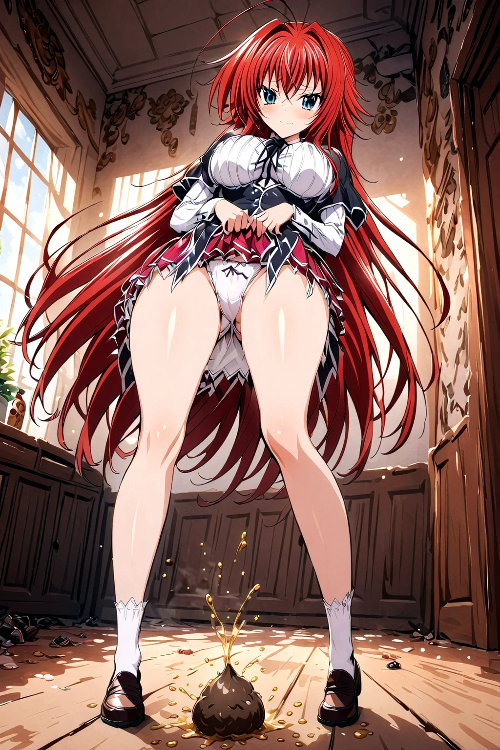Antme. High School DxD. Rias Gremory. from the anime Hight School DxD. Diarrhea. She farts. Wants to poop. I need to poop. A very strong, desperate urge to poop. Poop comes out of her butt and stains her panties. She poops in her panties. She poops on herself. She poops standing up. She pooped while standing. She pooped in her panties. She pooped under herself. She shit herself. The poop lies on the floor of the room, covered in liquid feces. Embarrassment. Blush. Pee. Standing. Knees together and feet apart. Abdominal pain. Hands on stomach. The panties are stained with diarrhea. Nose flows down my thighs. Cry. Tears in my eyes. Lean forward. Sigh. The girl can't stand straight. 8k Ultra detail. Better quality. A high resolution. Scat. Full height. Full body.