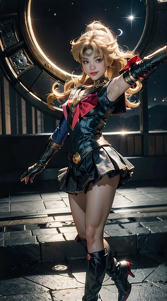 (Extreme detail CG Unity 8K wallpaper, masterpiece, highest quality), (exquisite lighting and shadow, highly dramatic picture, cinematic lens effect), (Sailor Moon: 1.1), charming smile, double tail, blue eyes, blond hair, tight top, RED gloves, mini skirt, dynamic pose), the background is the universe (excellent detail, excellent lighting, wide angle), (excellent rendering, enough to stand out in its class),whole body