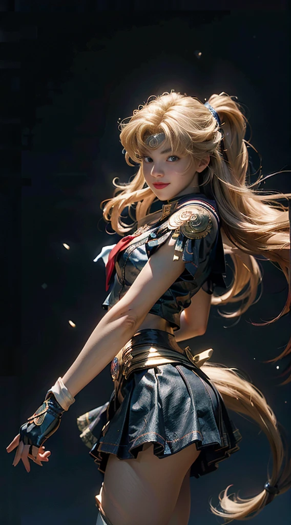 (Extreme detail CG Unity 8K wallpaper, masterpiece, highest quality), (exquisite lighting and shadow, highly dramatic picture, cinematic lens effect), (Sailor Moon: 1.1), charming smile, double tail, blue eyes, blond hair, tight top, RED gloves, mini skirt, dynamic pose), the background is the universe (excellent detail, excellent lighting, wide angle), (excellent rendering, enough to stand out in its class),whole body