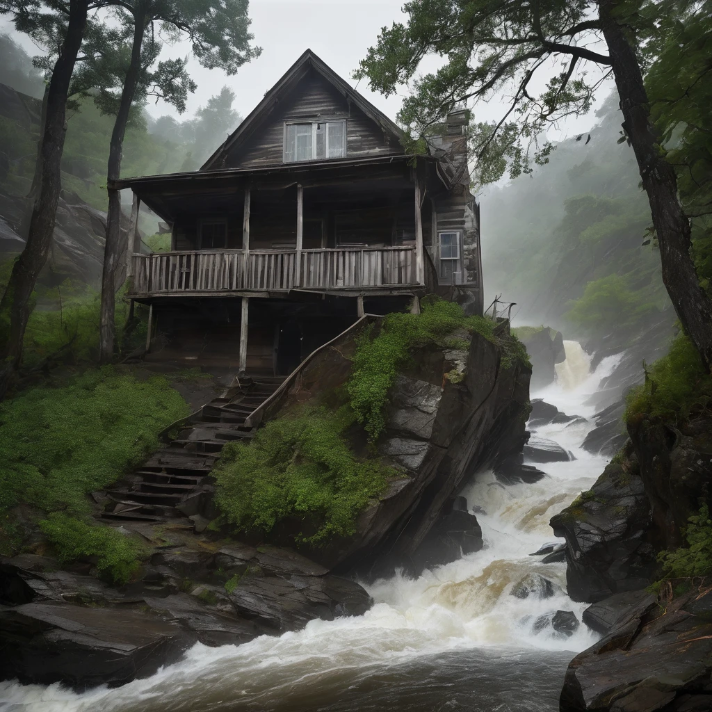An old, wooden house with peeling paint, perched precariously on the edge of a steep, rocky cliff, With a height of approximately 300 meters. 
 * The river below is overflowing and the current is strong, carrying mud and tree branches.
 * Heavy rain is falling relentlessly, accompanied by lightning and thunder that shakes the entire house.
 * The sky is a dark gray, blocking out the sun and making the atmosphere even more oppressive.
Audio:
 * The sound of heavy rain hitting the roof and windows of the house.
 * The roar of the river as it rushes past the rocks.
 * The deafening rumble of thunder, as if it's shaking the whole house.
 * The howling wind blowing strong, sending tree branches and leaves flying.
Super masterpiece, 8K, Best Quality, Ultra-detailed, Cinematic and beautiful lighting, Intricate details, Looking at Viewer, depth of fields,natta,Fantastic scenery at night
