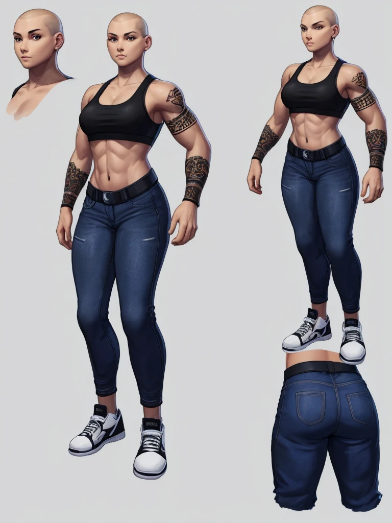 ((best quality)), ((4k)), ((highres)), ((masterpiece:1.2)). ((detailed)), ((ultra realistic)), ((intricate details)), ((full body picture)), ((character design sheet)), ((blank background)), ((standing in a blank background)), a full body shot of a bald female, bald woman, muscular woman, muscular arms, mucular legs, about 5'8 tall, about 25 years old, arm tattoos, ((arm tattoos)), dressed in a sports bra and blue jeans pants, midriff, six pack abs, sneakers, female gang member, character concept art, fighting game concept art, king of fighters character concept art, shaved head
