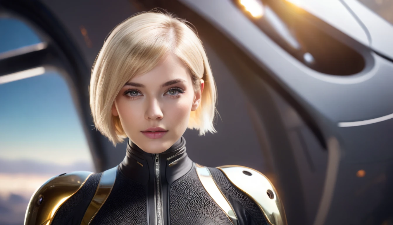 a beautiful 25 yo Texas Hamburg German woman with short blond bob angel hair, wearing a black sweater looking at a gold and chrome futuristic Venusian spacecraft, intricate detailing, HDR, vibrant contrast, 32k resolution, luminism lighting techniques, ultra-realistic digital render, bokeh, mass effect, close up black, beauty, pure perfection, divine presence, unforgettable, impressive, breathtaking beauty, Volumetric light, auras, rays, 8k uhd, dslr, soft lighting, high quality, natural textures 8k masterpiece canon eos r4s 50