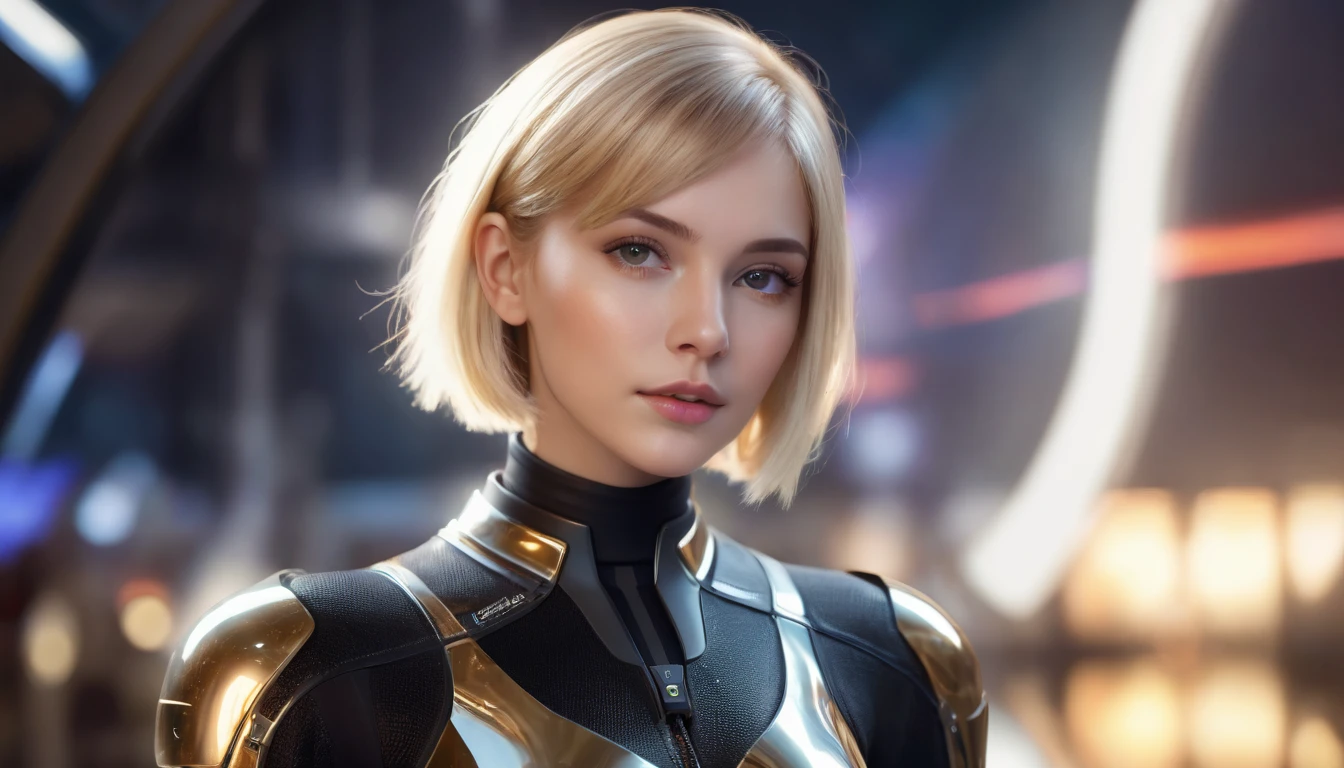 a beautiful 25 yo Texas Hamburg German woman with short blond bob angel hair, wearing a black sweater looking at a gold and chrome futuristic Venusian spacecraft, intricate detailing, HDR, vibrant contrast, 32k resolution, luminism lighting techniques, ultra-realistic digital render, bokeh, mass effect, close up black, beauty, pure perfection, divine presence, unforgettable, impressive, breathtaking beauty, Volumetric light, auras, rays, 8k uhd, dslr, soft lighting, high quality, natural textures 8k masterpiece canon eos r4s 50