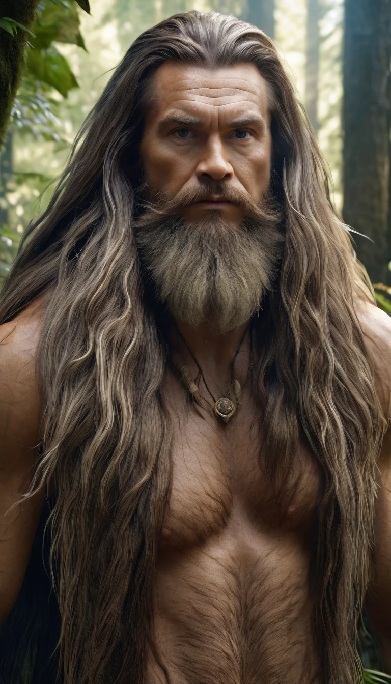 Front view，There is a wild man in the forest，Covered with long hair（best quality，4K，8K，High level，masterpiece：1.2），Ultra Detailed，（lifelike，Photo real，Photo real：1.37），Highly detailed animals，Complex patterns，Realistic lighting，Fantasy Creatures
