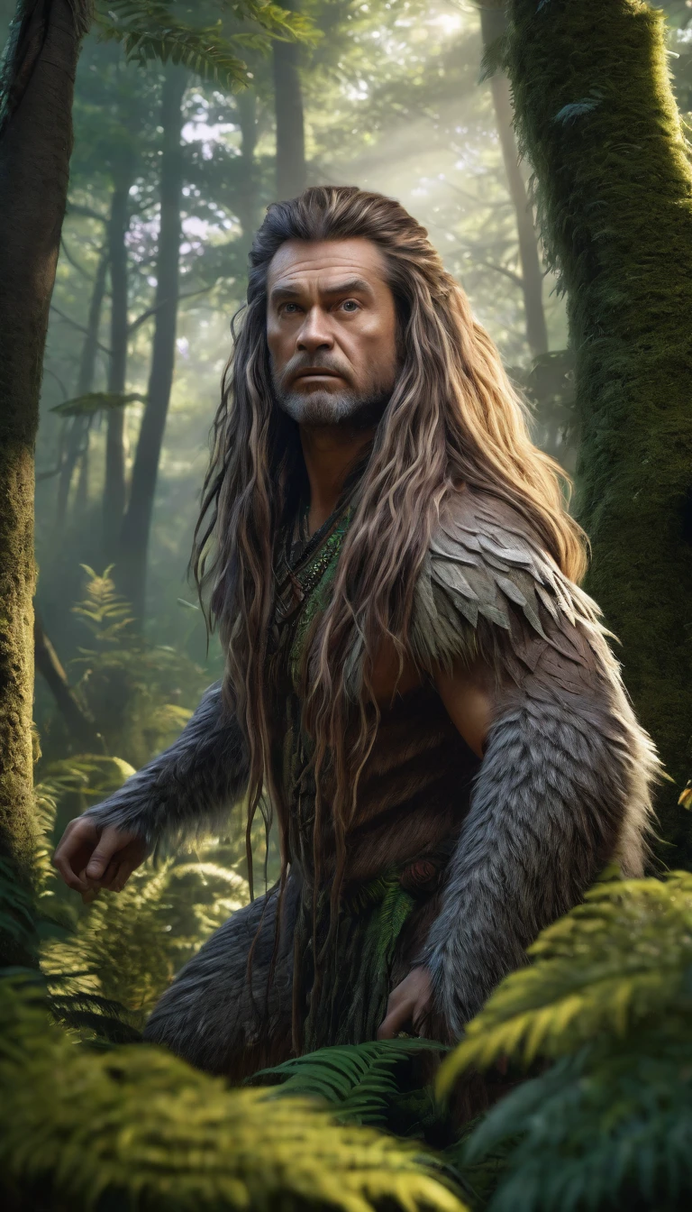 Front view，There is a wild man in the forest，Covered with long hair（best quality，4K，8K，High level，masterpiece：1.2），Ultra Detailed，（lifelike，Photo real，Photo real：1.37），Highly detailed animals，Complex patterns，Realistic lighting，Fantasy Creatures