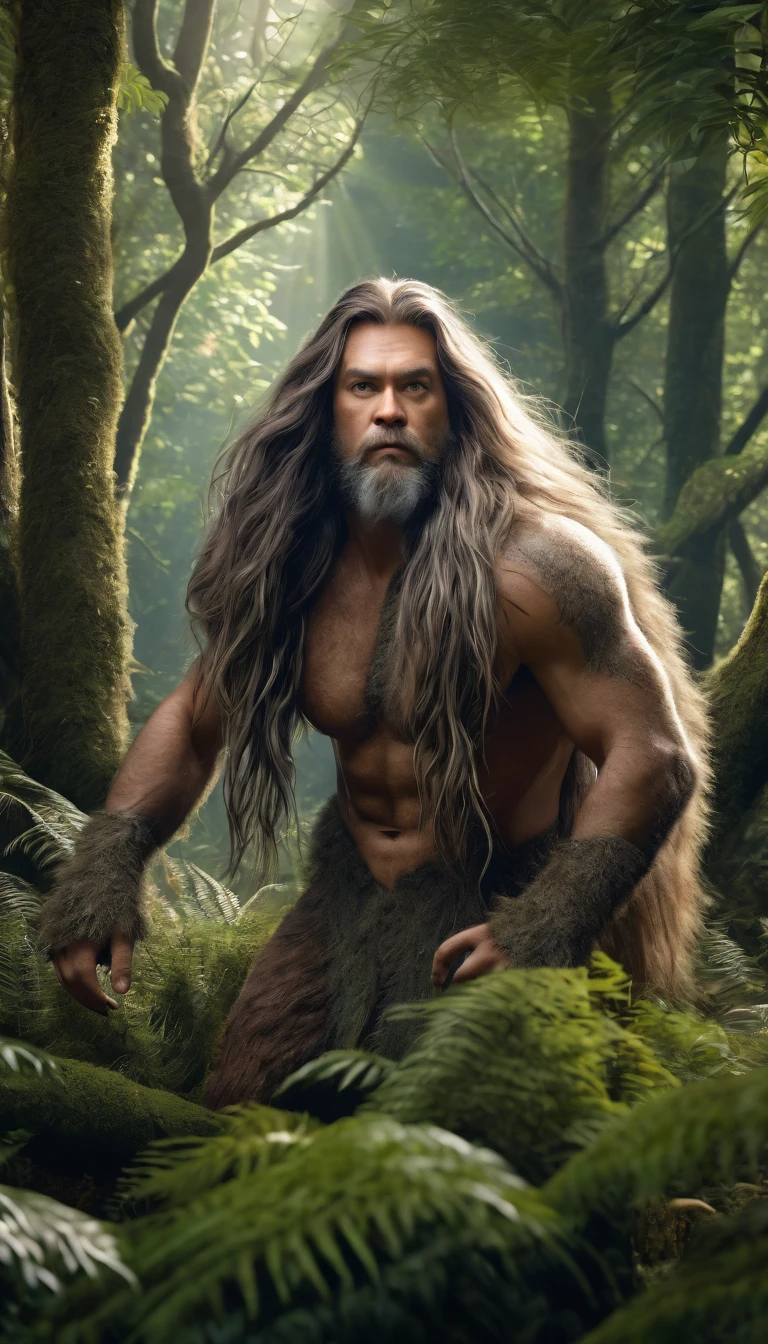 Front view，There is a wild man in the forest，Covered with long hair（best quality，4K，8K，High level，masterpiece：1.2），Ultra Detailed，（lifelike，Photo real，Photo real：1.37），Highly detailed animals，Complex patterns，Realistic lighting，Fantasy Creatures