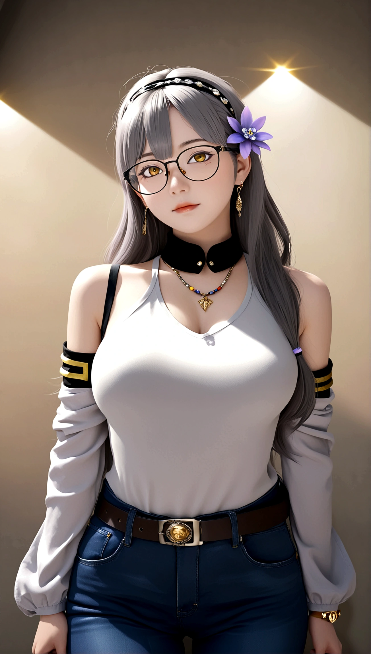 1girl, solo, long hair, breasts, looking at viewer, bangs, large breasts, shirt, hair ornament, long sleeves, bare shoulders, jewelry, closed mouth, yellow eyes, white shirt, flower, grey hair, cowboy shot, hairband, earrings, detached sleeves, glasses, sleeveless, belt, pants, hair flower, blunt bangs, necklace, bracelet, turtleneck, denim, semi-rimless eyewear, black-framed eyewear, jeans, blue pants