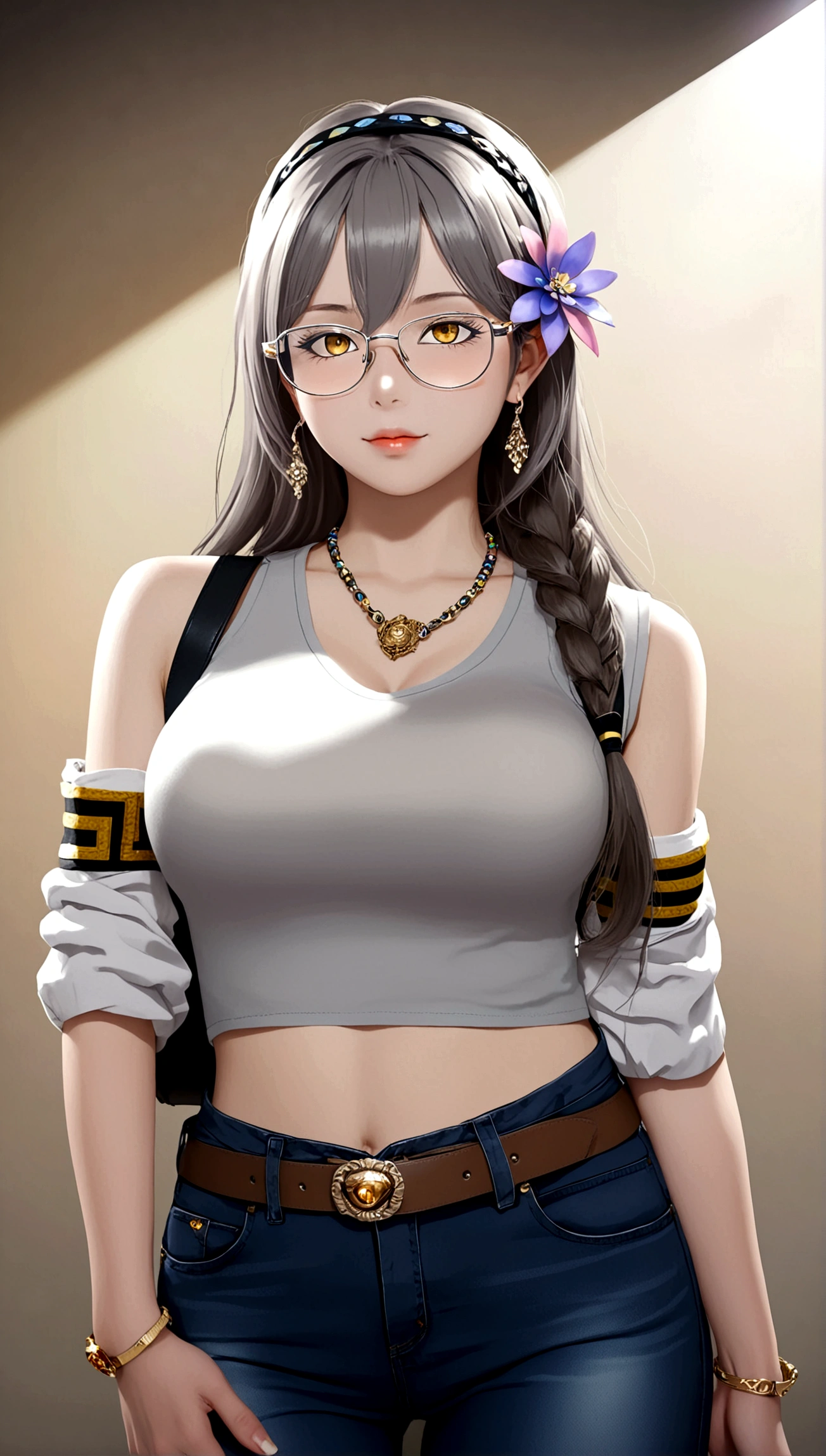 1girl, solo, long hair, breasts, looking at viewer, bangs, large breasts, shirt, hair ornament, long sleeves, bare shoulders, jewelry, closed mouth, yellow eyes, white shirt, flower, grey hair, cowboy shot, hairband, earrings, detached sleeves, glasses, sleeveless, belt, pants, hair flower, blunt bangs, necklace, bracelet, turtleneck, denim, semi-rimless eyewear, black-framed eyewear, jeans, blue pants