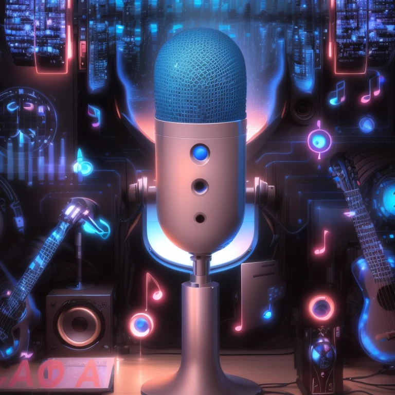 a close up of a microfone with a microfone stand and various músicaal instruments, álbum art, obra de arte, table with microfones, imagem de avatar, Artificial, música in the air, música show, equipamentos de áudio, músicaal, microfones, microfone, por Konrad Witz, música, álbum, standing microfones, Arte de IA, música is life, omnipresent ai god