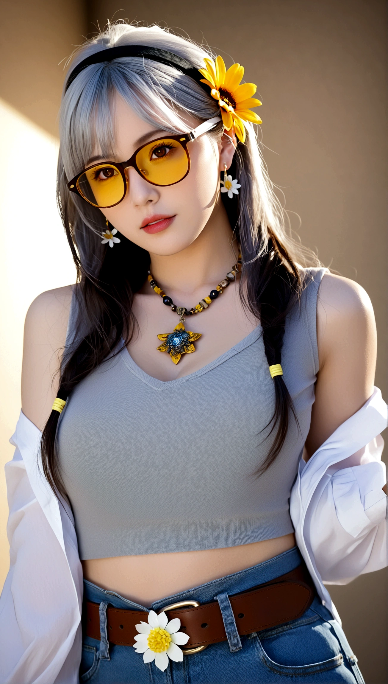1girl, solo, long hair, breasts, looking at viewer, bangs, large breasts, shirt, hair ornament, long sleeves, bare shoulders, jewelry, closed mouth, yellow eyes, white shirt, flower, grey hair, cowboy shot, hairband, earrings, detached sleeves, glasses, sleeveless, belt, pants, hair flower, blunt bangs, necklace, bracelet, turtleneck, denim, semi-rimless eyewear, black-framed eyewear, jeans, blue pants