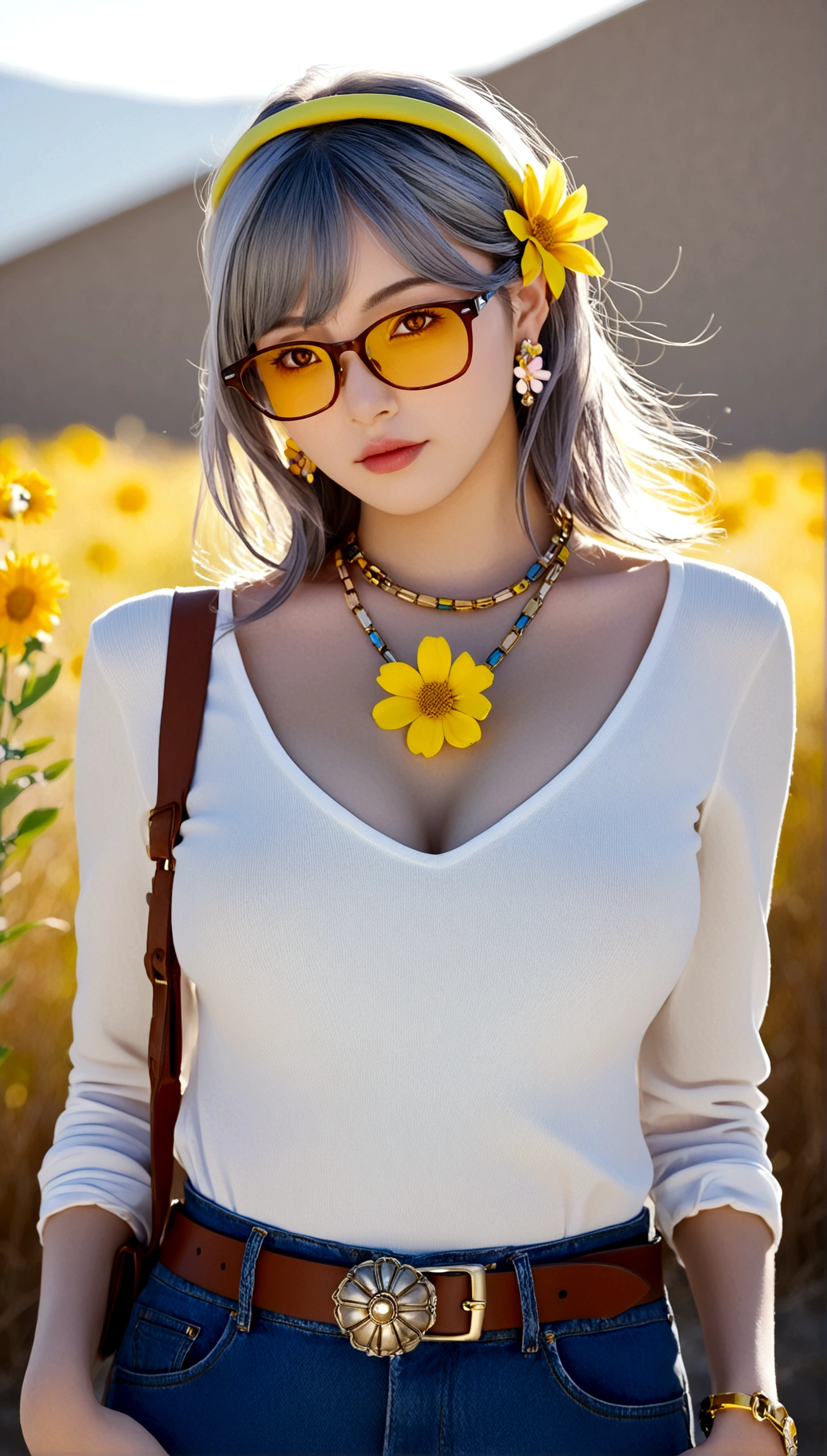 1girl, solo, long hair, breasts, looking at viewer, bangs, large breasts, shirt, hair ornament, long sleeves, bare shoulders, jewelry, closed mouth, yellow eyes, white shirt, flower, grey hair, cowboy shot, hairband, earrings, detached sleeves, glasses, sleeveless, belt, pants, hair flower, blunt bangs, necklace, bracelet, turtleneck, denim, semi-rimless eyewear, black-framed eyewear, jeans, blue pants