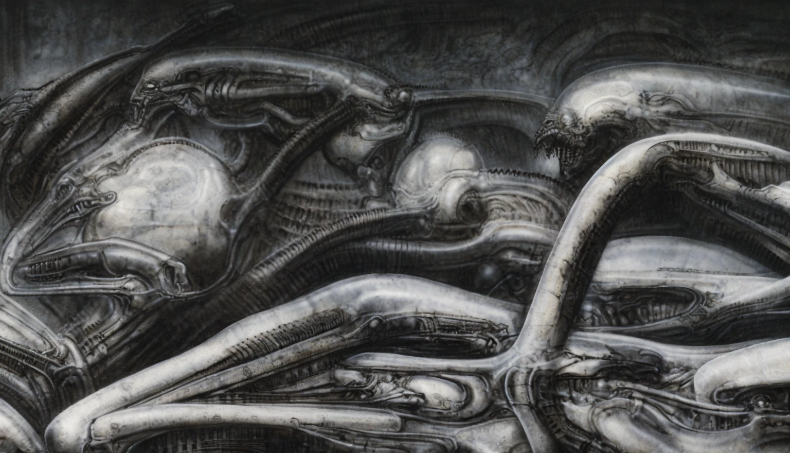 The image is a detailed view of H.R. Giger's biomechanical tableau \" Landscape XVI \" plate, featuring.
(airbrush painting, Giger's alien in front of broken alien ship in landscape, natural light, sharp focus, illustration, highly detailed, digital painting, concept art, matte, art by gric and kozhanov and moebius and Alphonse Mucha, masterpiece, HDR ,UHD , uplight, in HRGigerArhP style);1.
surrealistic painting of a monster with multiple tentacles and a body that looks like a brain, surrounded by a chaotic scene of swirling clouds and other monsters
It's a complex network of bones and organs in eldritch color scheme:a greenish-brown hue ,swirling gery and brown colors. The artwork is silverish and green brown, with an ivory bones prominently displayed. The image is highly detailed and intricate, almost like a 3d version of a medical sketchwork.
The piece is a tableau, most likely created with a India ink pen or pencil on paper, determined by the thin lines, shading techniques, and the texture of the paper, which is visible around the edges.
Used is pen, given the shading and variations in line weight visible in the image. Artist have used a variety of stylus with different degrees of hardness to achieve the shading effects.
The use of undersaturated green-grays dark contrasts creates a stark and graphic look. Is used a variety of linework techniques to create different textures. Fine, parallel lines create a smooth, metallic texture,while thicker, more cursive lines suggest cables or wires.
Light source from the top highlights skeletals, pper part of foreground, lower part of image is in shadowupper part of foreground, lower part of image is in shadow.
The art performance showcases the artist’s skills in observation and rendering. The level of detail in the piece suggests a close study of real bone specimens and mechanics. The artist has skillfully used shading techniques to create a convincing illusion of three-dimensionality on a flat surface. The wrinkles