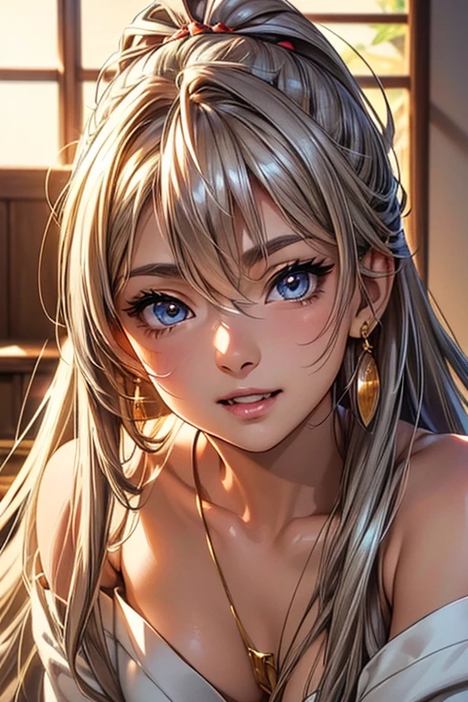 #Basics A girl is posing for a photo, animeのかわいい女の子, (((One Girl, Baby Face, Young girl, ))), 
BREAK 

#Clothing Accessories 
((Completely naked)), Gold hoop earrings, Gold Necklace, 
BREAK 

#Features 
(Silver Hair), (Chest-length sideburns), (ponytail : Long Hair + Thin hair tied up + Straight hair),  
(Droopy eyes, blue eyes), (Small breasts),  
BREAK 

#background environment 
((noon, Sunshine, Japanese-style house + Japanese-style room)), 
#Facial Expression Pose
((Big happy smile + Mouth wide open + Teeth are visible), (lying down, reclinin, reclined position)), 
#composition 
((Face the camera, Angle from the front)), 
BREAK 

#Body parts elements 
(Detailed hair, Beautiful Hair, Shiny Hair), 
(double eyelid, Long eyelashes, (Thin eyebrows)), 
(Expression of fine eyes, Beautiful and delicate eyes, Sparkling eyes, Eye Reflexes, Glitter Eyeliner), 
(Human Ear), 
(Beautiful Nose, Thin Nose), 
(Glossy lips, Beautiful Lips, Thick lips, Glossy Lips, Natural Cheeks), 
(Detailed face, Symmetrical facial features), 
(Detailed skin, Textured skin, Beautiful Skin, Shiny skin), 
BREAK 

#Quality 
(((Highest quality)), ((masterpiece)), ((Very detailed))), ((High resolution), (16K,1080P)), 
(Realistic), (Anatomically correct), 
((comics, anime)), (3DCG), CG illustration,
