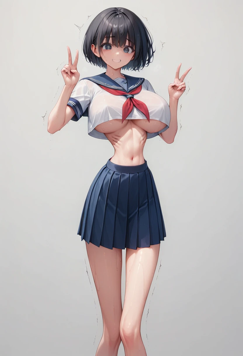 (masterpiece, best quality:1.2), front shot,  beautiful 1girl, (micro waist, very long legs:1.4), (super big breasts:1.2), Black hair, short bob hair, short height, scrawny and thin body, Light Skin, cute big eyes, cute beautiful thin face, forced smile, serafuku, mini skirt, pigeon-toed, Arched back, wet and sweaty, visible ribs, Long and thin navel, V sign, Trembling