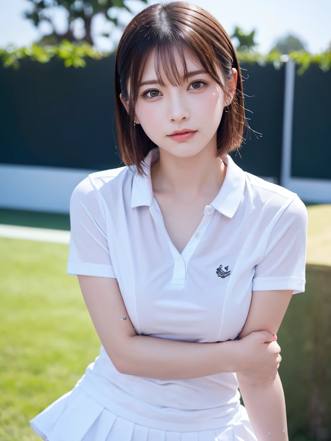 ((Upper Body))、1 Girl, alone, White polo shirt, White sneakers, Pink tennis wear: 1.3, White mini skirt, masterpiece, Highest quality, Realistic, Hyper Detail, (Shiny skin, Sweaty: 1.4), Confused, Looking into the camera, Short black hair, Brown eyes, thin, Dynamic Lighting, High resolution, Sharp focus, Written boundary depth, fine grain, Sharp eyes, Realistic eyes, (big: 1.2), (Thick thighs: 1.0), Outdoor, null, Korean Idol, Nogizaka idol, idol carving, actress,