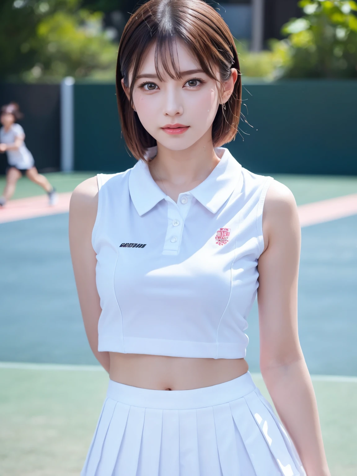 ((Upper Body))、1 Girl, alone, White polo shirt, White sneakers, Pink tennis wear: 1.3, White mini skirt, masterpiece, Highest quality, Realistic, Hyper Detail, (Shiny skin, Sweaty: 1.4), Confused, Looking into the camera, Short black hair, Brown eyes, thin, Dynamic Lighting, High resolution, Sharp focus, Written boundary depth, fine grain, Sharp eyes, Realistic eyes, (big: 1.2), (Thick thighs: 1.0), Outdoor, null, Korean Idol, Nogizaka idol, idol carving, actress,
