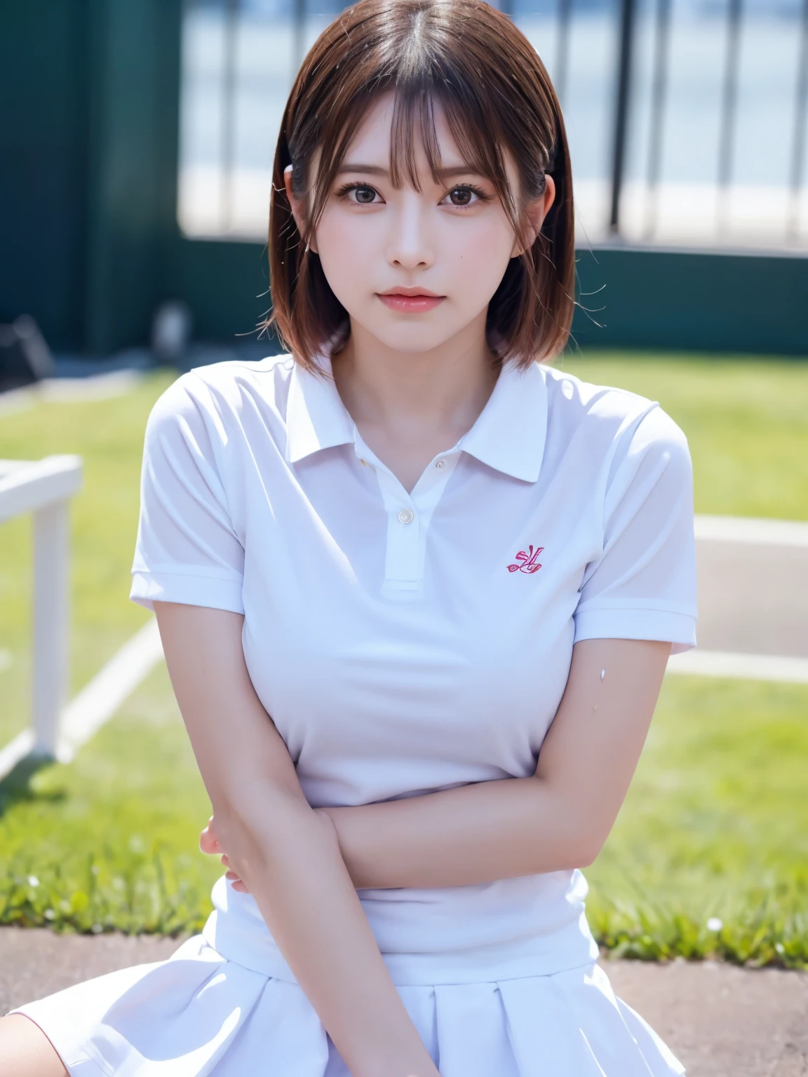 ((Upper Body))、1 Girl, alone, White polo shirt, White sneakers, Pink tennis wear: 1.3, White mini skirt, masterpiece, Highest quality, Realistic, Hyper Detail, (Shiny skin, Sweaty: 1.4), Confused, Looking into the camera, Short black hair, Brown eyes, thin, Dynamic Lighting, High resolution, Sharp focus, Written boundary depth, fine grain, Sharp eyes, Realistic eyes, (big: 1.2), (Thick thighs: 1.0), Outdoor, null, Korean Idol, Nogizaka idol, idol carving, actress,