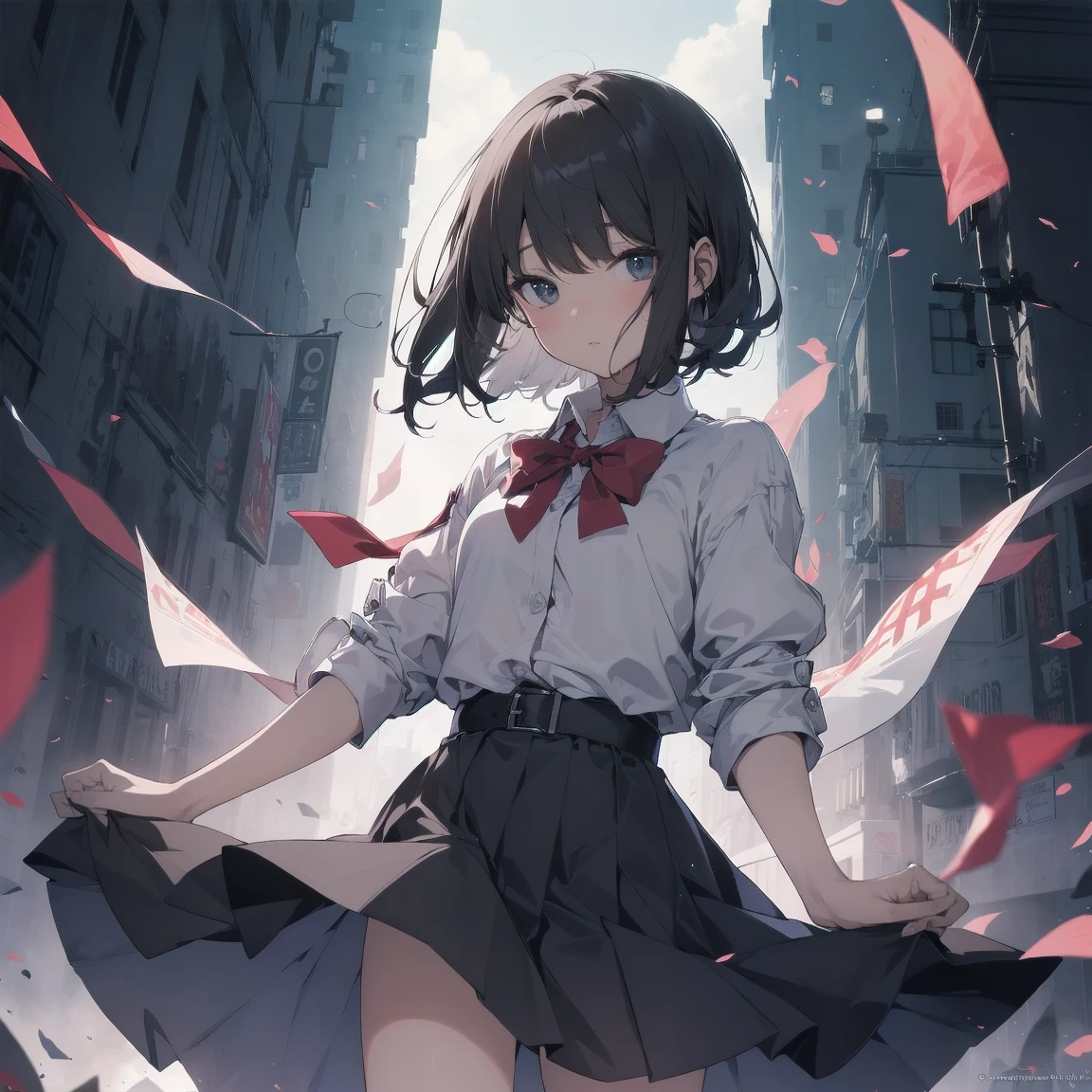 Super high quality by Art God, Super detailed, High resolution, Ilya Kuvshinov Style, Anime Moe Art Style, Best Anime 8K Konachan Wallpaper, pixiv Contest Winner, Perfect Anatomy, break,(眠そうにalone学校へ歩いていく女の子を描いてください. ),break,Surreal , (alone,,,:1.3),Complete limbs, Full Finger,, The charm of androgyny, (Very short hair), Messy Hair, Flat Chest, Small Ass, between legs, Small eyes,Beautiful and exquisite black eyes, Well-proportioned iris and pupil, Disgusted Eyes, High resolutionの詳細な髪, , skirt, School zone. break,Highly detailed skin, Best lighting by famous artists, 8K,Cute illustrations,