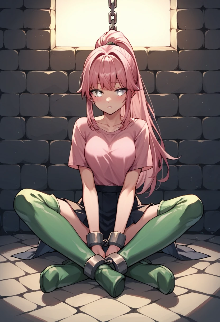 score_9, score_8_up, score_7_up, score_6_up, score_5_up, score_4_up, source_anime, 1 woman, sit, pink hair, ponytail, white eyes, w-w-chain, shackles, wrists of the hands, put on ,long hair, pink shirt, skirt,green thigh boots ,night, dungeon, best quality, best res, 4K UHD,
 