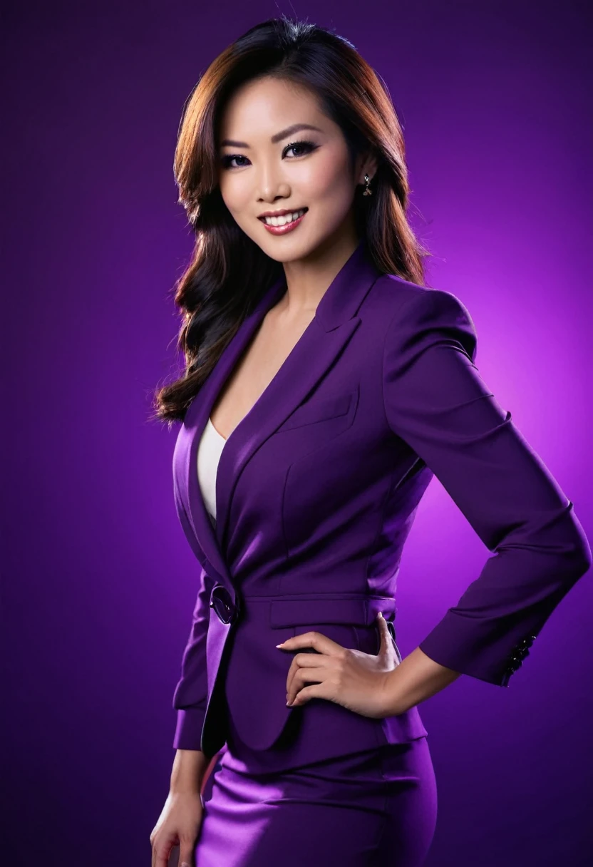 asian sexy female news anchor, flirty, dark purple background, dramatic studio lighting, dynamic pose