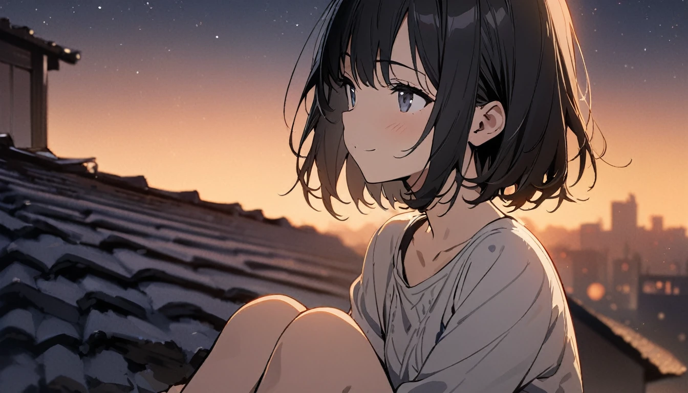 1girl, solo, gentle smile on her face flat chest, short hair, black hair, upper body, ((masterpiece, illustration, best quality)) ((best quality)), ((masterpiece)), (detailed), Girl sitting on the roof of a house, clasping your knees with your hands, and looks thoughtfully at the night sky, Star-studded. She&#39;s wearing a cozy sweater and her favorite cat socks.. Nearby there is a mug with still warm cocoa. The atmosphere is quiet and peaceful. The camera is located from bottom to top