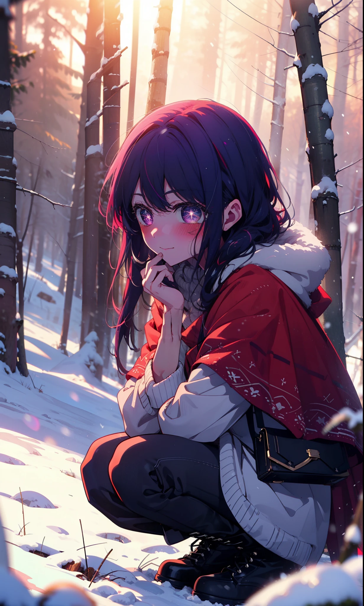 aihoshino, Ai Hoshino, Long Hair, bangs, (Purple eyes:1.1), Purple Hair, (Symbol-shaped pupil:1.5), smile,,smile,blush,White Breath,
Open your mouth,snow,Ground bonfire, Outdoor, boots, snowing, From the side, wood, suitcase, Cape, Blurred, , forest, White handbag, nature,  Squat, Mouth closed, Cape, winter, Written boundary depth, Black shoes, red Cape break looking at viewer, Upper Body, whole body, break Outdoor, forest, nature, break (masterpiece:1.2), Highest quality, High resolution, unity 8k wallpaper, (shape:0.8), (Beautiful and beautiful eyes:1.6), Highly detailed face, Perfect lighting, Extremely detailed CG, (Perfect hands, Perfect Anatomy),