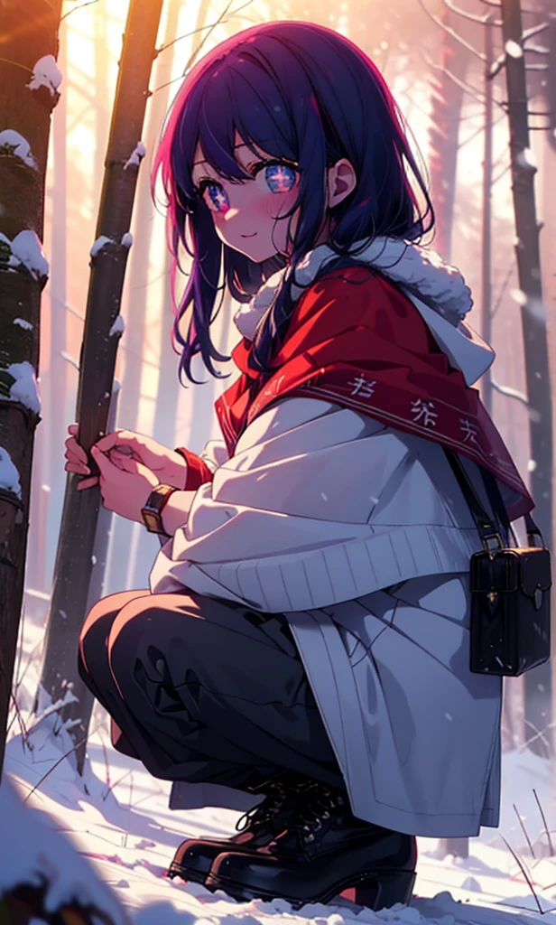 aihoshino, Ai Hoshino, Long Hair, bangs, (Purple eyes:1.1), Purple Hair, (Symbol-shaped pupil:1.5), smile,,smile,blush,White Breath,
Open your mouth,snow,Ground bonfire, Outdoor, boots, snowing, From the side, wood, suitcase, Cape, Blurred, , forest, White handbag, nature, Squat, Mouth closed, Cape, winter, Written boundary depth, Black shoes, red Cape break looking at viewer, Upper Body, whole body, break Outdoor, forest, nature, break (masterpiece:1.2), Highest quality, High resolution, unity 8k wallpaper, (shape:0.8), (Beautiful and beautiful eyes:1.6), Highly detailed face, Perfect lighting, Extremely detailed CG, (Perfect hands, Perfect Anatomy),