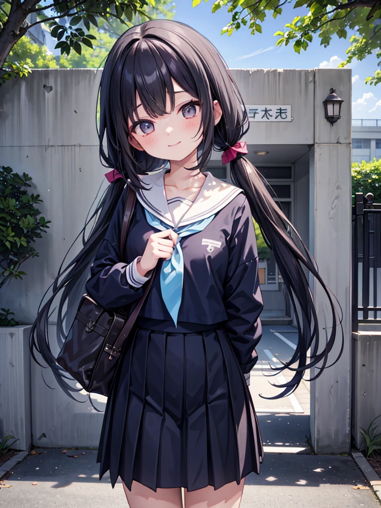 1girl, standing, gentle smile, ****, head tilt,
school building on the back,
(low twintails girl), low pigtails, black hair, very long hair,
serafuku with blue ribbon, navy-blue collar,
(brown eye), 1 student bag on right shoulder,
afternoon, summer,
from front,
4-story white school building, outdoor, tree on side,
anime, high brightness, detailed face, detailed eyes,
high quality, ultra detailed, masterpiece, FHD